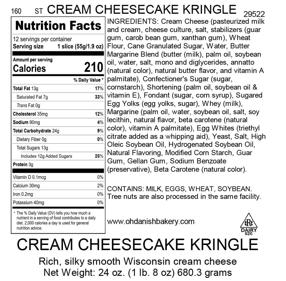 Nutritional Label for Cream Cheesecake Kringle