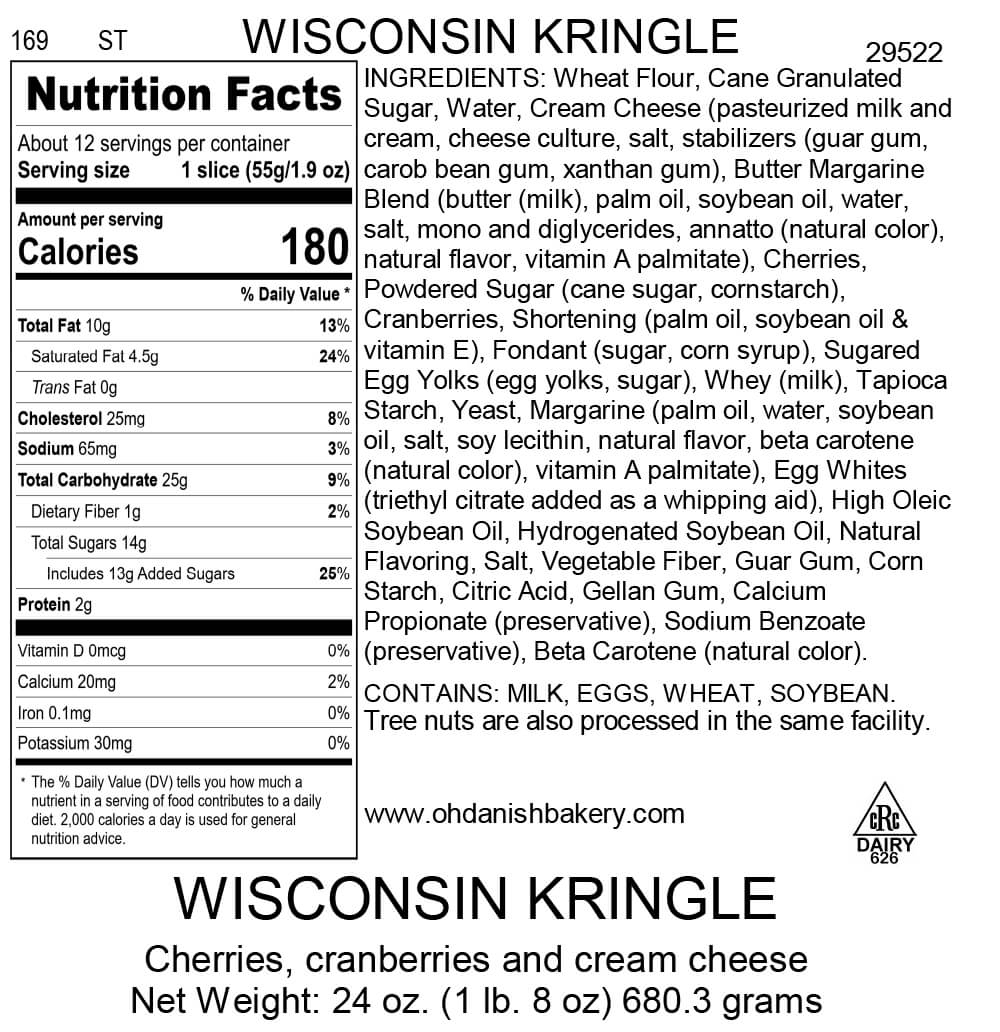 Nutritional Label for Wisconsin Kringle