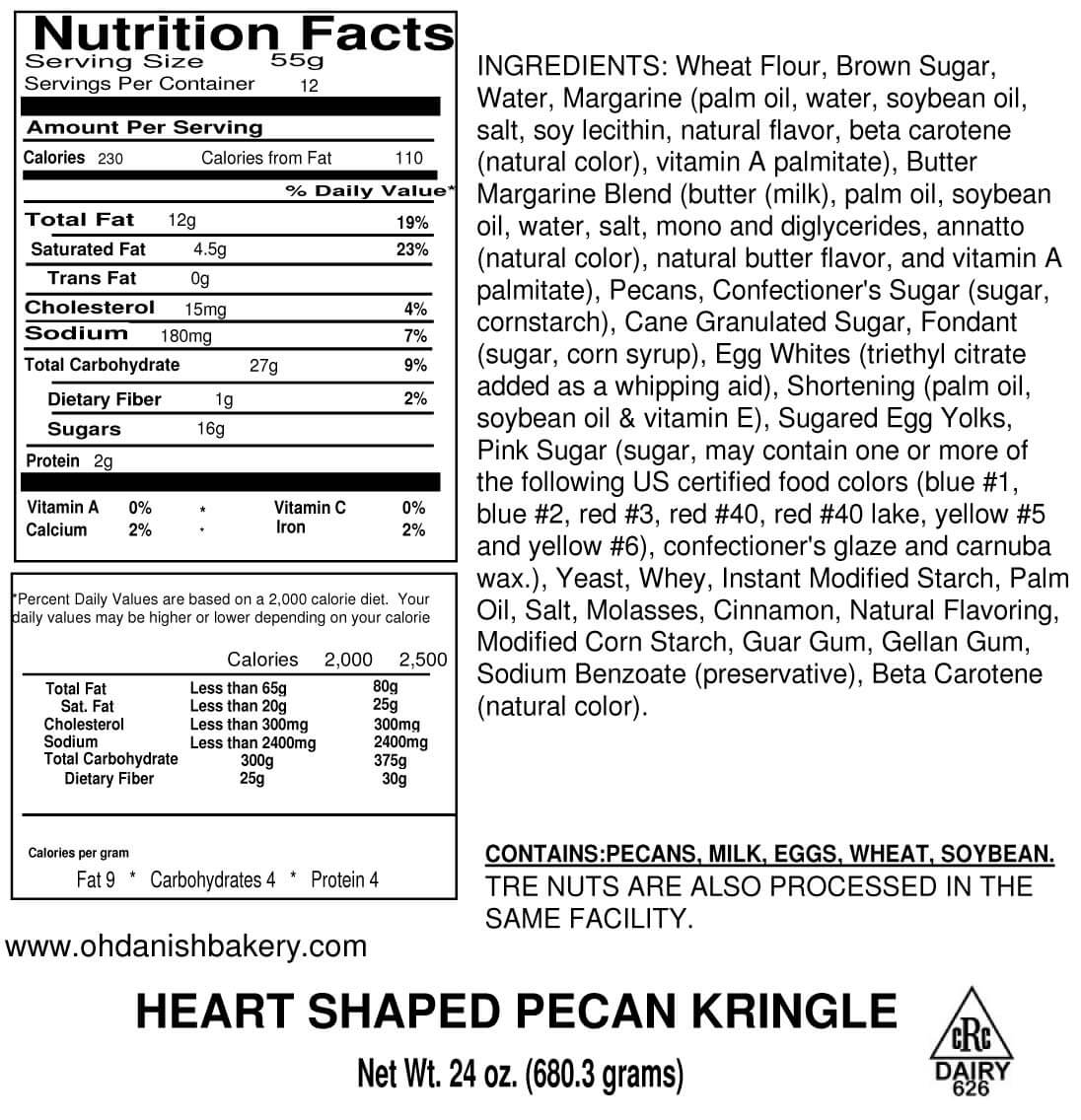 Nutritional Label for Mother's Day Pecan Heart Shaped Kringle