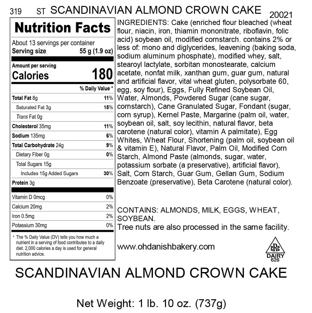 Nutritional Label for Scandinavian Almond Crown Cake