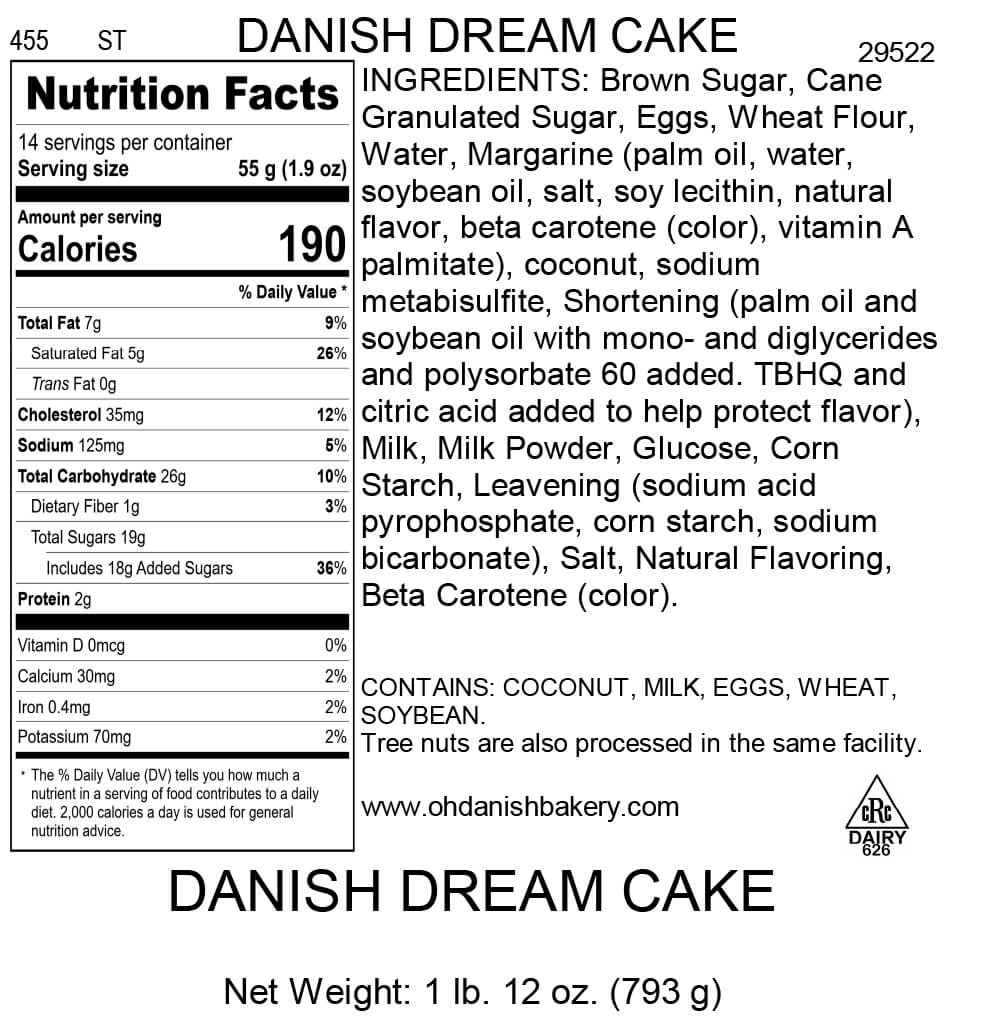 Nutritional Label for Danish Dream Cake