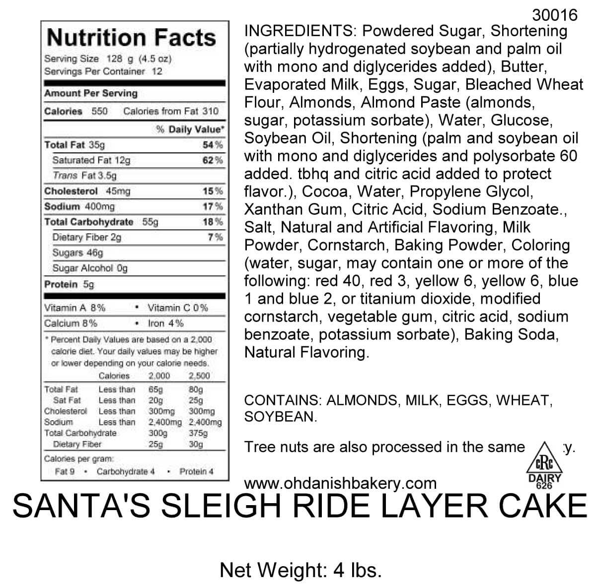 Nutritional Label for Santa's Sleigh Ride Layer Cake