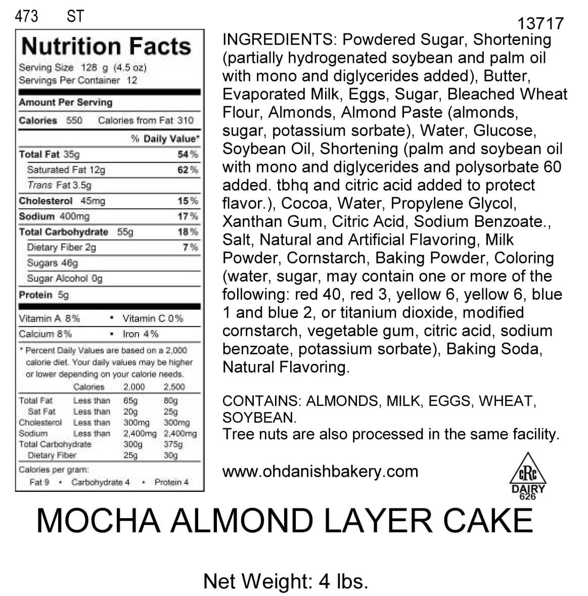 Nutritional Label for Mocha Almond Layer Cake