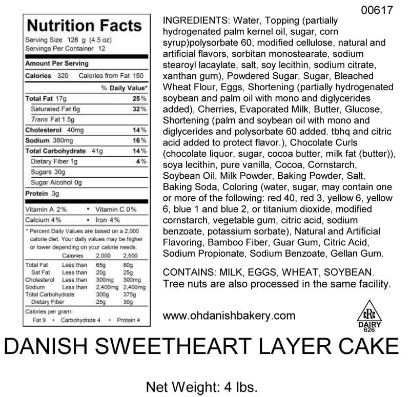 Nutritional Label for Danish Sweetheart Layer Cake