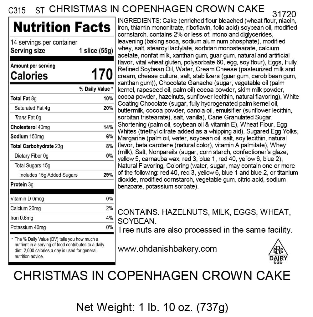 Nutritional Label for Christmas in Copenhagen Crown Cake