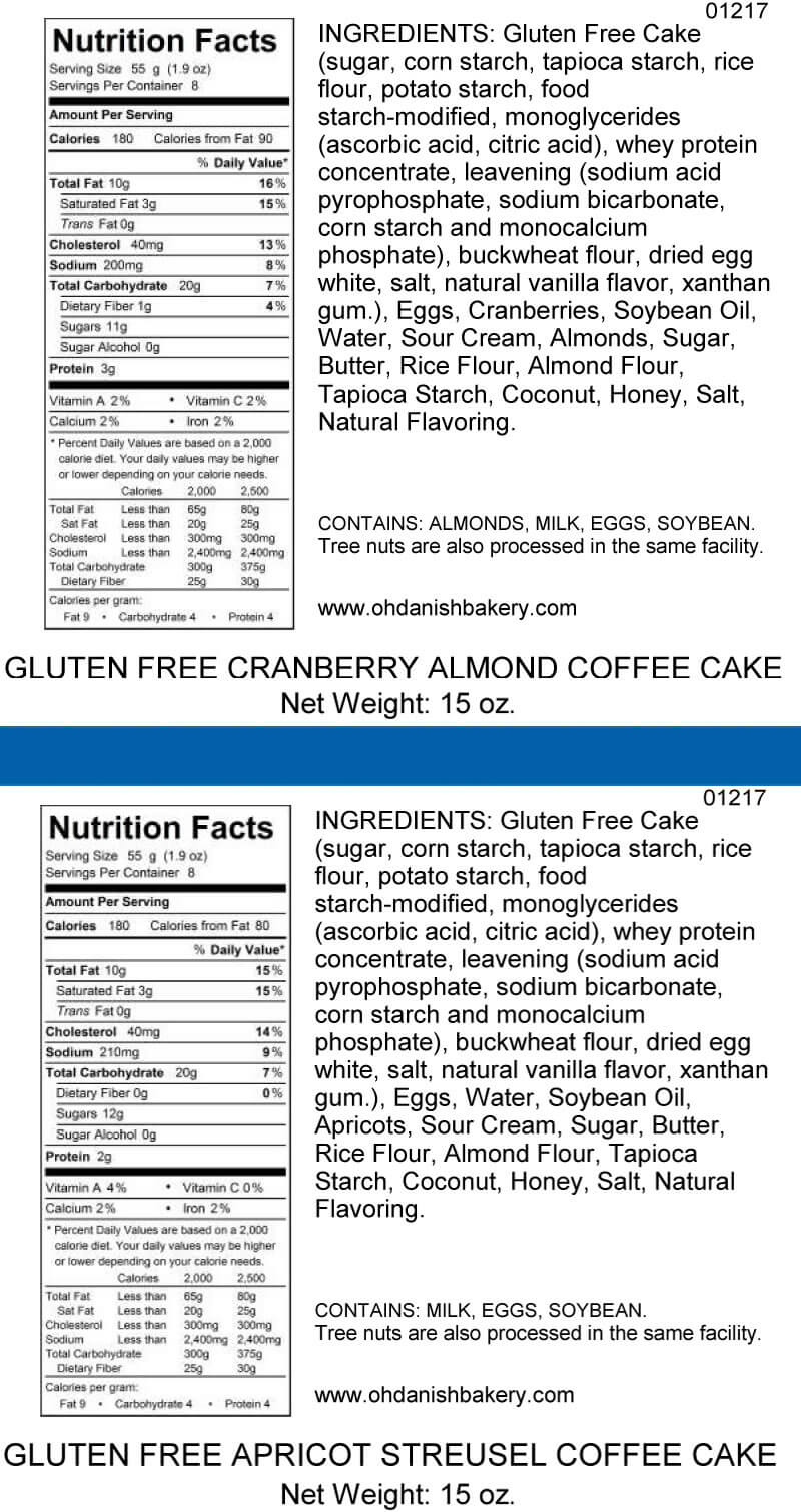 Nutritional Label for Gluten-Free Cranberry Almond/Apricot Coffee Cakes