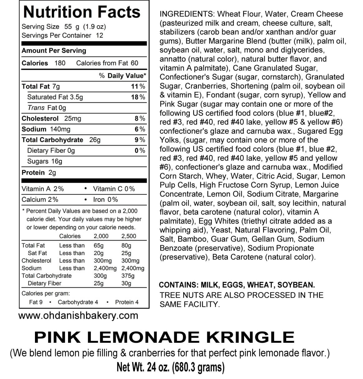 Nutritional Label for Pink Lemonade Kringle
